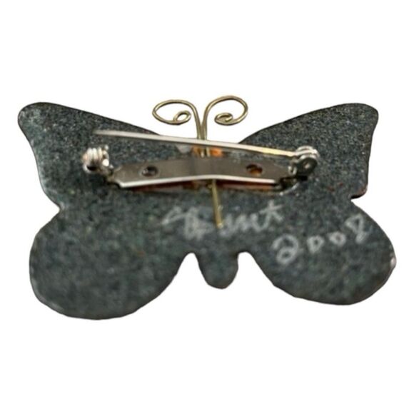Y2K Butterfly Brooch Handmade Blue Pink Resin Metal Hand Painted Signed - Picture 3 of 5